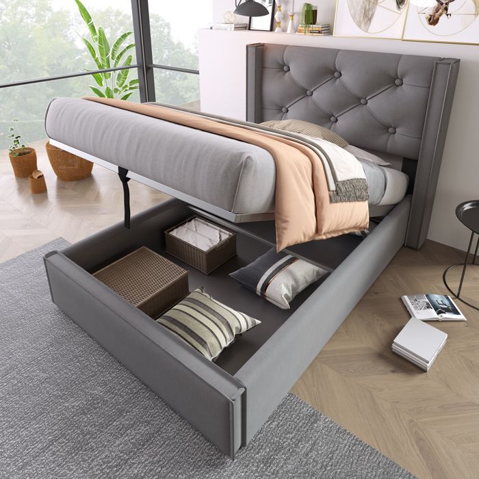 VIVA Lit simple 90x200 en coton gris lit a rangement hydraulique sommier a lattes cadre metal style moderne VIVA Lit simple 90x200 en coton gris lit a rangement hydraulique sommier a lattes cadre metal style moderne