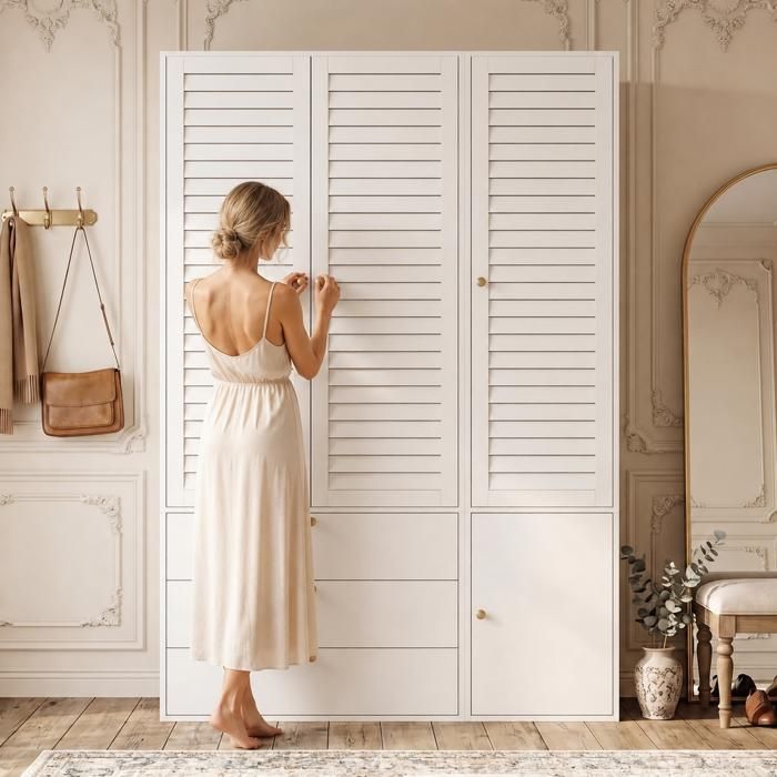 Armoire - ZEVKOR - 3 Portes à Lames - 3 tiroirs - 2 tringles & porte-pantalons - 135×50×200 cm