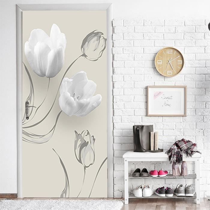 CUUDBP Murale De Porte Sticker Art De Fleurs Et D'Oiseaux De Style Chinois Stickers De Porte 3D Effet Décoration Pour Cuisine Salon Chambre Pvc Auto Adhésif Amovible Autocollants Papier Peint 77X200Cm