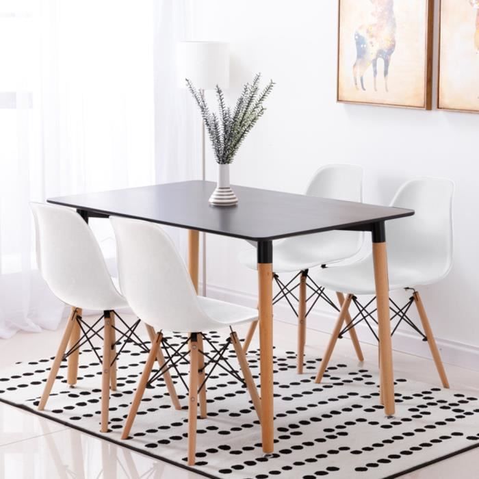 yis ensemble table à manger économique scandinave - table à manger noir + 4 chaises blanc - pieds en bois hêtre - 110 x60 x75 cm