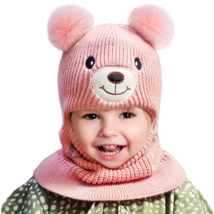 Bonnet Écharpe Ensemble Cagoule Bebe Enfant 2 en 1 Bonnet Chapeau Tricoté  avec Double Pompon pour Fille Garçon 1-4ans - Cdiscount Prêt-à-Porter