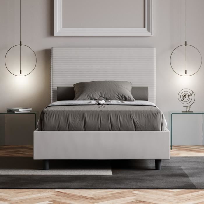 Lit coffre double rembourré - FOCUS - Blanc - Sommier relevable à lattes - 155 x 220 cm - 2 places