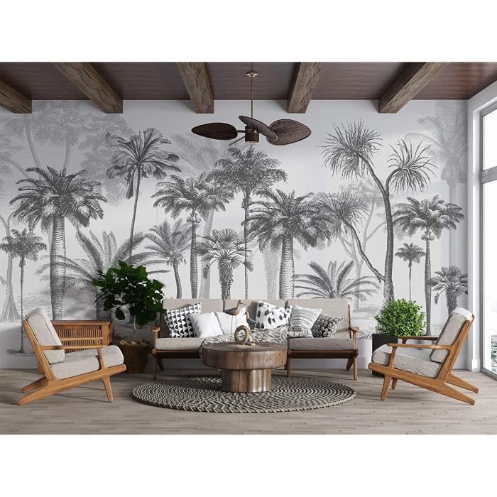Papier Peint Panoramique jungle Soie, 355 x 250 cm, noir et blanc ...