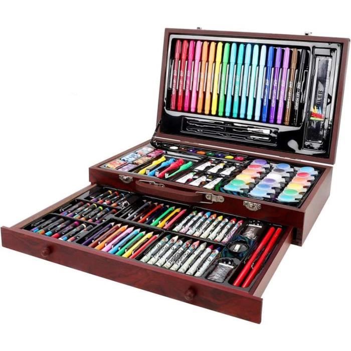 Kit De Dessin 123 Pièces En Mallette Bois - Pastels, Aquarelle, Acrylique, Crayons, Idéal Pour Enfants Et Adultes