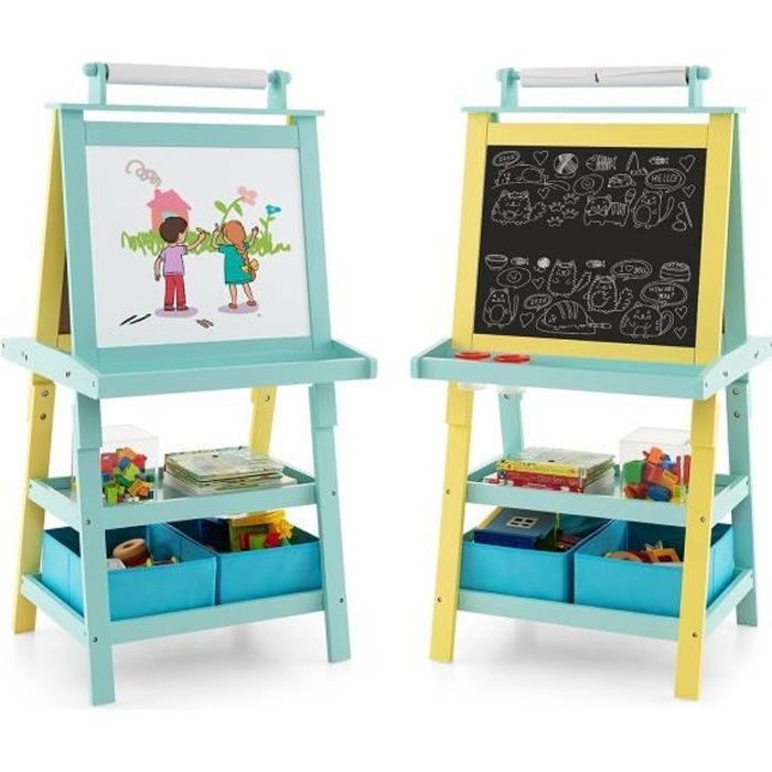 COSTWAY Chevalet Enfant Double Face – Tableau Blanc Magnétique + Noir + Parcours De Billes + Rouleau De Papier – Pliable, Réglable, 12 Accessoires – Dès 3 Ans