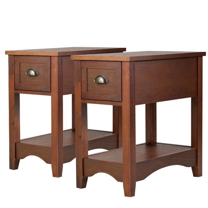 costway lot de 2 tables d'appoint avec tiroir, pieds en bois d'hévéa, 56x33x58,5 cm, bout de canapé rétro, brun rougeâtre