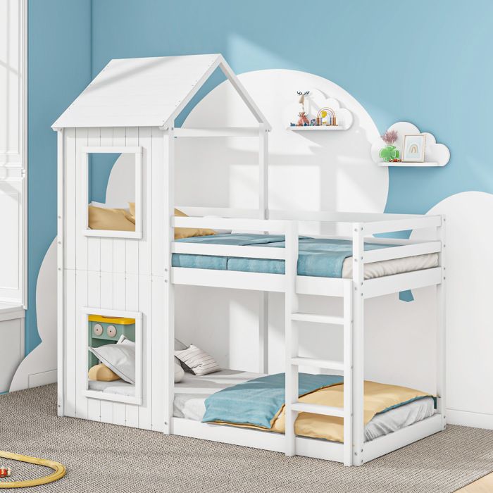 Dripex Lit Superposé 90×200cm, Lit Maison avec échelle,baldaquin,lit cabane avec barrière de sécurité, Blanc