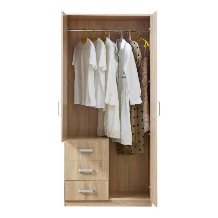 Armoire de chambre Bodolz 3 tiroirs + miroir MDF 176 x 80 x 52 cm effet chêne sonoma