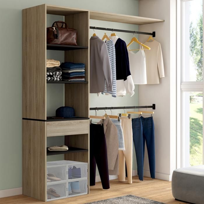 IDMARKET Kit dressing MELINE 160 x 40 x 180 cm hêtre avec étagères noires + tiroir + double penderie