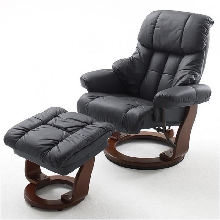 fauteuil relax clairac assise en cuir noir pied en bois noyer avec repose pied noir cuir inside75