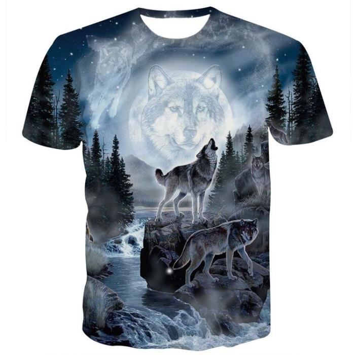 Wild en Coton Noir T Shirt nuit Neige Loup Lune 