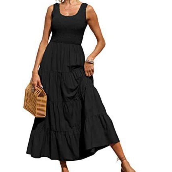 Robe longue fluide pour femme avec bretelles et volants Couleur unie Style decontracte Dos nu Noir Noir Cdiscount Pret a Porter