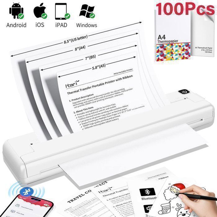 Imprimante Thermique avec Papier 100Pcs A4 210 x 297 mm Imprimante Bluetooth Compatible avec Android et iOS Imprimante Portable