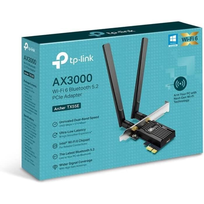 Carte WiFi PCIe AX3000 WiFi 6 - TP-Link Archer TX55E - Adaptateur Bi-bande Carte WiFi Bluetooth 5.3 avec 2 antennes - Intel Wi-Fi 6