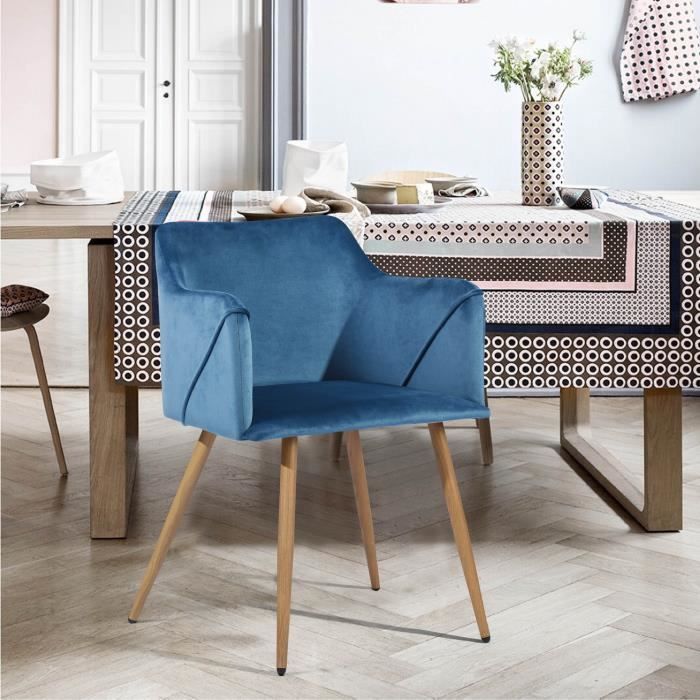 urban meuble - lot de 2 fauteuils velours bleu marine - pieds métal effet bois - 53*54*75cm