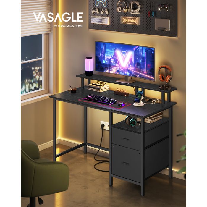 Bureau Gaming avec Tiroirs en Tissu Table Informatique avec Support dÉcran Multiprise 2 Ports USB 120 x 60 cm Noir Boisé