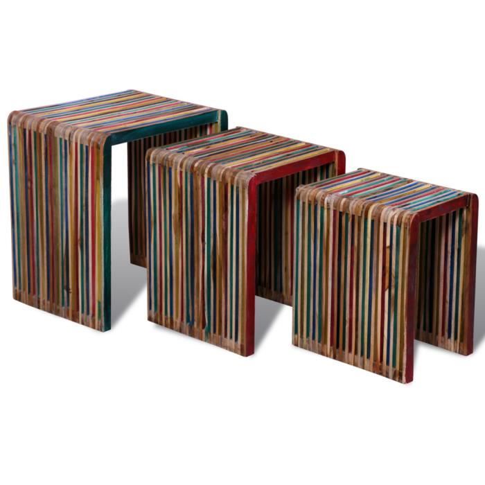 tables gigognes en teck recyclé coloré - vidaxl - set de 3 - rouge - contemporain - design - rectangulaire