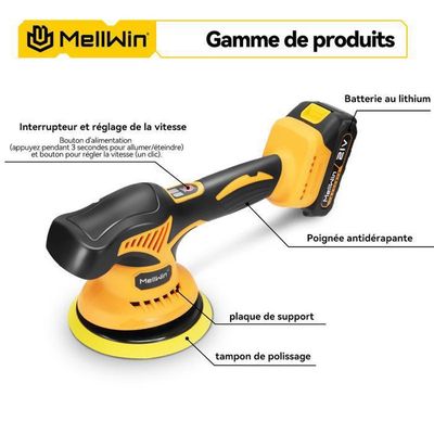 Polisseuse Voiture Sans Fil 380W - 2 Batteries 12V, 8 Vitesses 2800-5500 RPM, Tampon 125mm