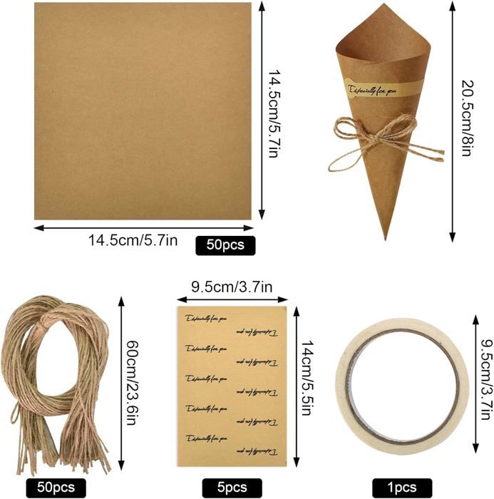 Cônes En Papier Kraft Pour Confettis Ou Bonbons - Lot De 50 Cônes, Ficelle De Jute Et Autocollants, Décoration Mariage Ou Fête