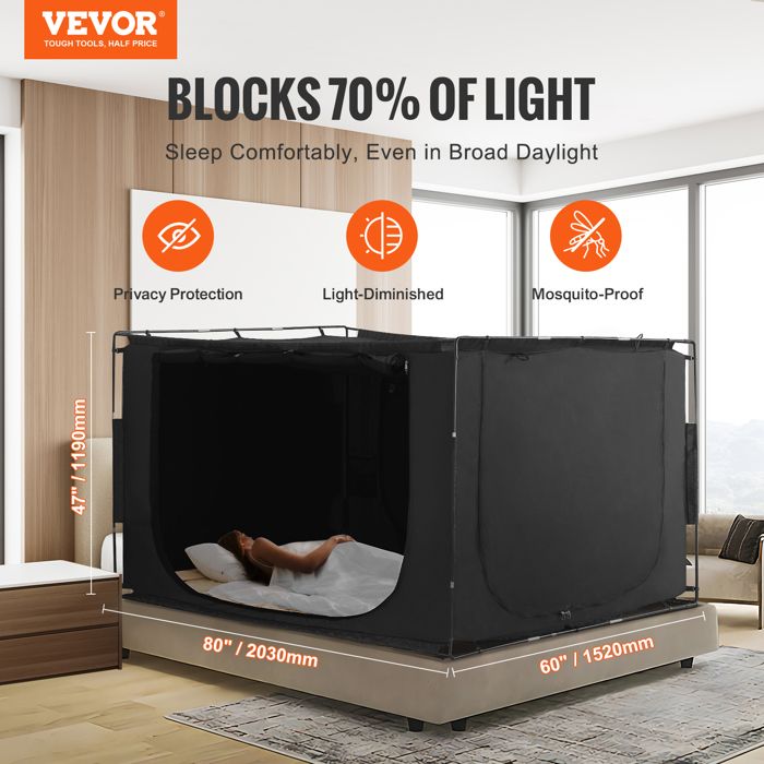VEVOR Tente De Lit 3 Portes Respirante 70% Occultante - 203×152×119 Cm - Idéale Enfant & Adulte