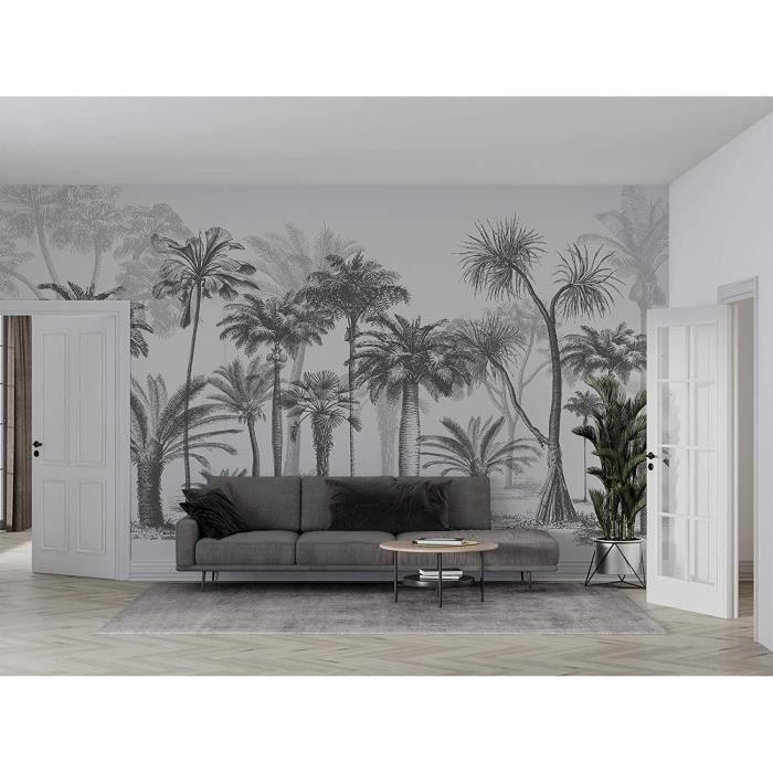 Papier Peint Panoramique jungle Soie, 355 x 250 cm, noir et blanc ...