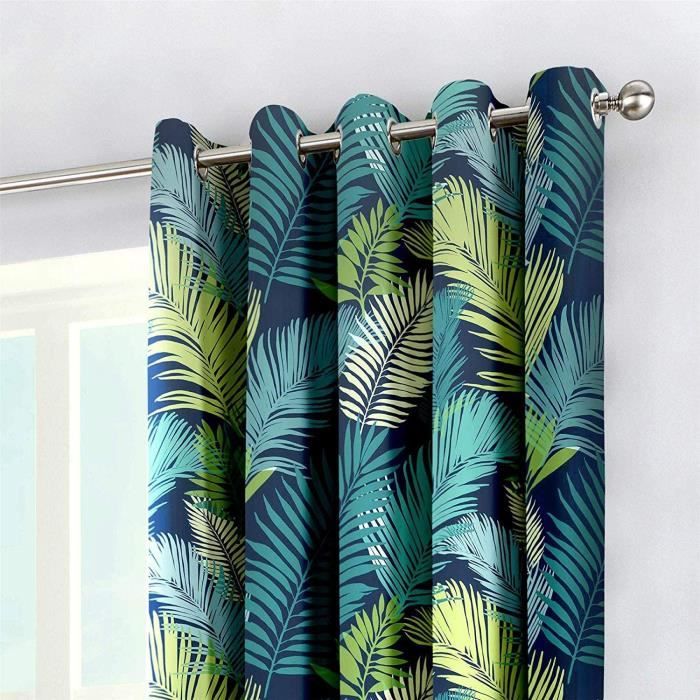 Rideaux Occultants 100% - 2 Panneaux 140x245 Cm - Impression Tropical Plage Palmiers - Isolants Thermiques & Anti-bruit - 1