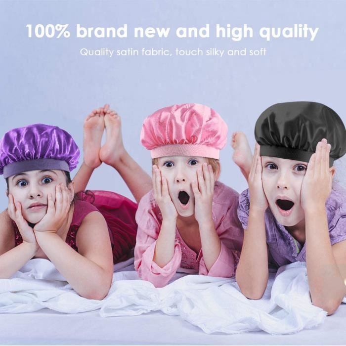 3pcs enfants bonnet de sommeil en satin avec des chapeaux de sommeil de  nuit à large bande élastique pour les enfants en bas âge b