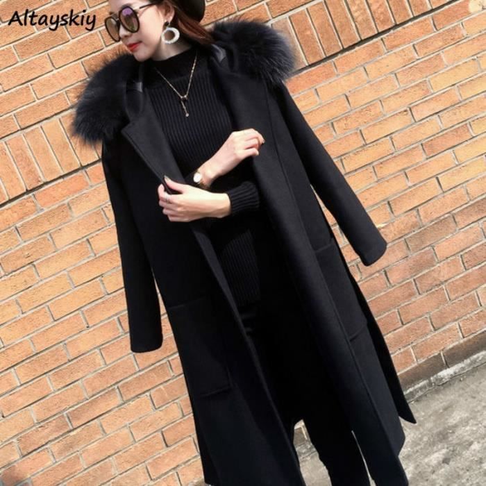 Manteau Melange en laine pour femmes capuche avec fourrure Bandage chaud coupe Slim taille reglable epais Type black Blanc Cdiscount Pret a Porter