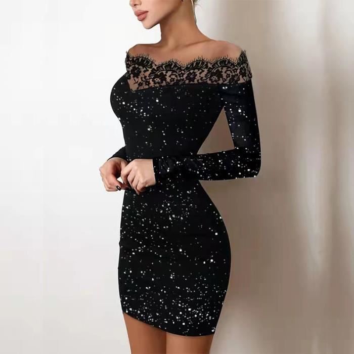 Robe de soiree Sexy en dentelle epaules denudees Slim Fit 02 Premium Black Blanc Cdiscount Pret a Porter