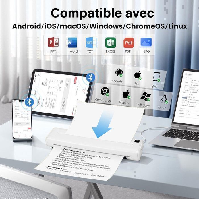Imprimante Thermique A4 Bluetooth/USB - Résolution 304 Dpi, Multiformat (56 à 216mm), Batterie Lithium Incluse - 9