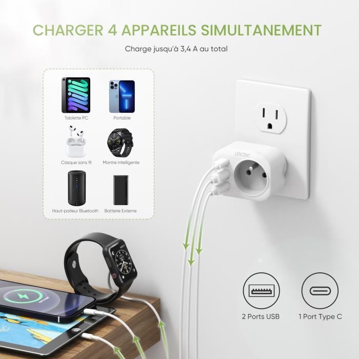 Adaptateur Prise 6 En 1 France Vers USA Canada - 2 Prises + 3 USB + Type C 3,4A - Mexique Thaïlande