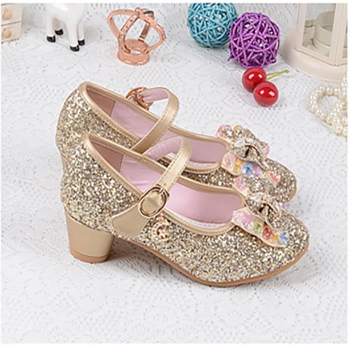 Chaussures Princesse à Talons Hauts Pour Enfant – Elsa – Paillettes, Nœud Rose, Bride Métallique – Pour Déguisement, Noël, Anniversaire – Taille 33