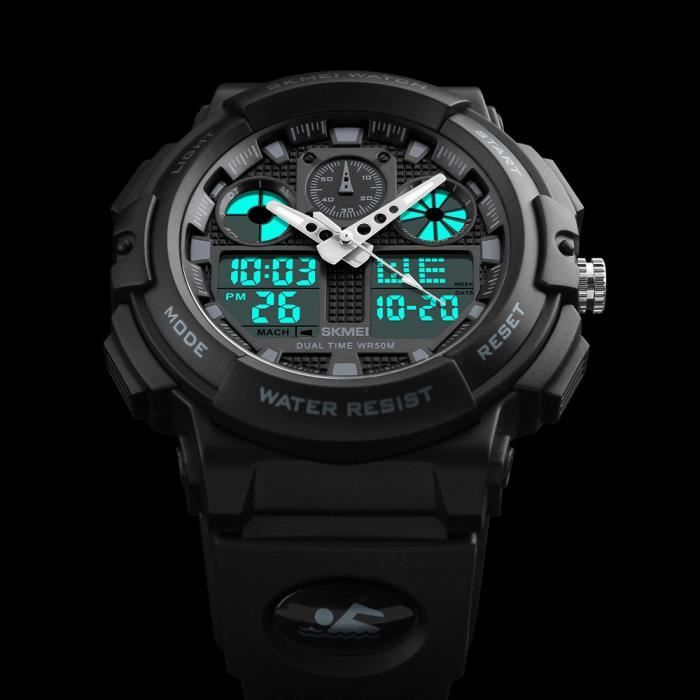 Montre Sport Numérique LED Pour Homme - Étanche 30m, Chronomètre, Double Fuseau Horaire, Alarme - Boîtier PC Noir