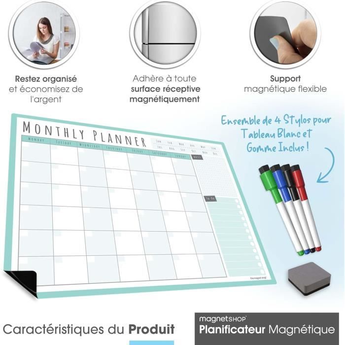 Planificateur Hebdomadaire/mensuel Magnétique Pour Frigo - Tableau Noir 42x28 Cm - En Espagnol, Avec Marqueurs Et Autocollants
