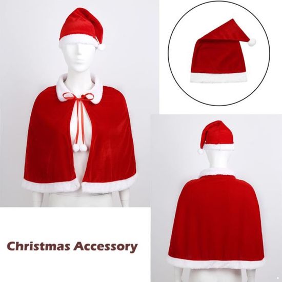 Cape De Noël Courte Pour Enfant - Velours Rouge Avec Franges Blanches Et Bonnet - Longueur 45 Cm
