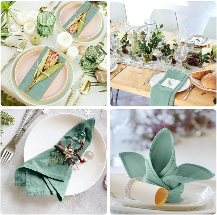 Lot De 3 Serviettes Lin Lavé (40 X 40 Cm) Louise Vert Eucalyptus - Linge De Table