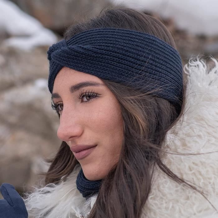 Bandeau de cheveux pour femme en laine Made in Italy Bleu Nuit, Cache-oreilles pour femme d'hiver