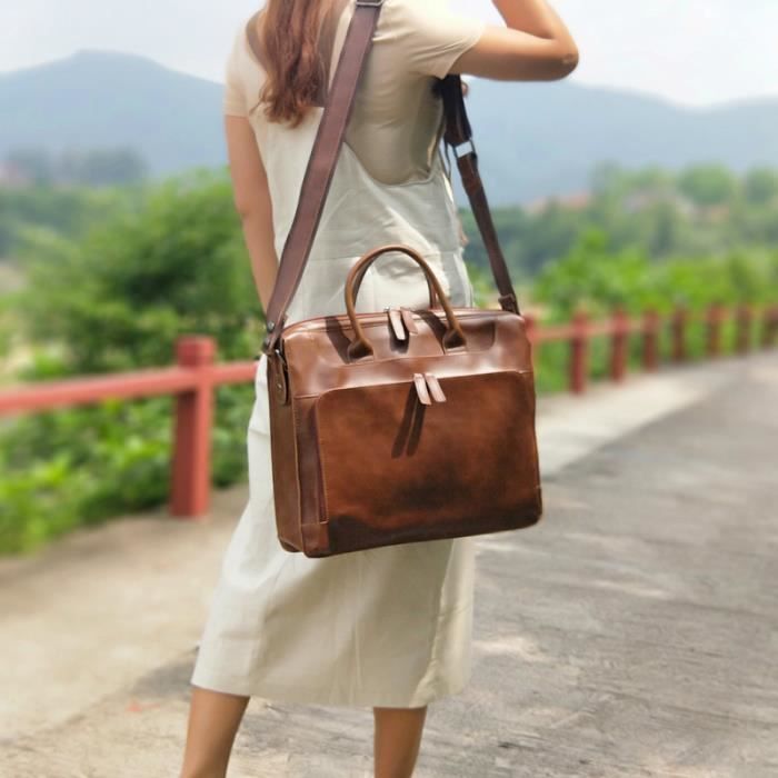 PORTE DOCUMENTS SERVIETTE ATTACHE CASE Femmes hommes en cuir sac a bandouliere grande capacite 14 pouces sacoche Type Marron Cdiscount Bagagerie Maroquinerie