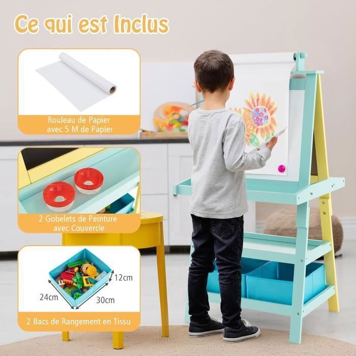 COSTWAY Chevalet 3 En 1 Enfant – Double Face Ardoise/Blanc + Rouleau Papier – Rangement 2 Étagères – Cadeau Dessin 3+