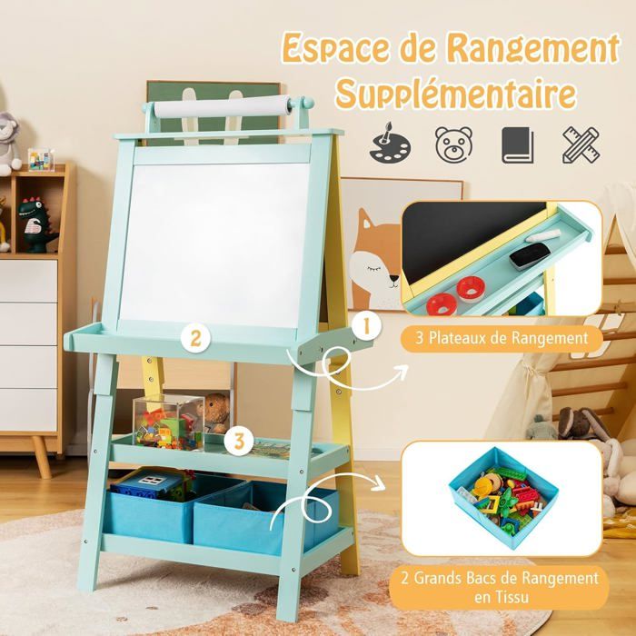 COSTWAY – Tableau Enfant 4 En 1 En Bois – Tableau Noir + Magnétique + Chevalet + Rouleau Papier – Hauteur Réglable 92-105 Cm – Chaise Et Rangements – Dès 3 Ans