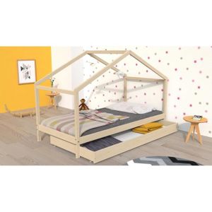 STRUCTURE DE LIT WEBER KOALA Lit cabane enfant 90 x 190 cm avec tiroir - Bois pin massif - Naturel - Sommier inlcus