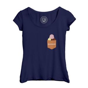 T-SHIRT T-shirt Femme Col Echancré Bleu Poche Surprise Gourmande Glace Illustration Dessert