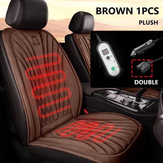 1Pcs Double BROWN -Karcle housse de siège de voiture chauffante 12-24V coussin chauffant universel chaud pour hiver antidérapant uni