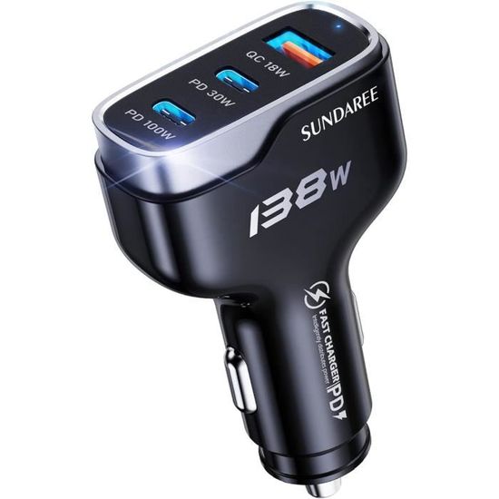 Chargeur Voiture 100W 4 Ports USB-C Et USB-A - Quick Charge 3.0 Et PD - Compatible IPhone, Samsung, Xiaomi, MacBook