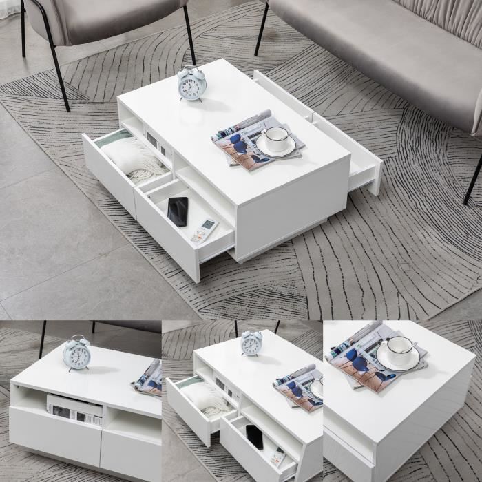 PET - Table Basse, Blanche Brillante,4 Tiroirs Design Moderne,85 x 56 x 35 cm
