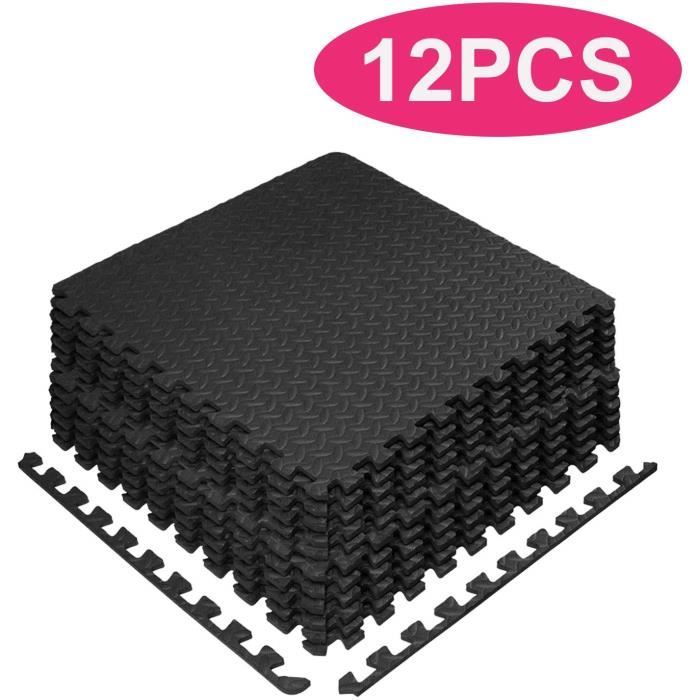 Tapis de Sol de Gym Sport avec 12 Dalles de Protection en Mousse 60 cm x 60 cm Noir