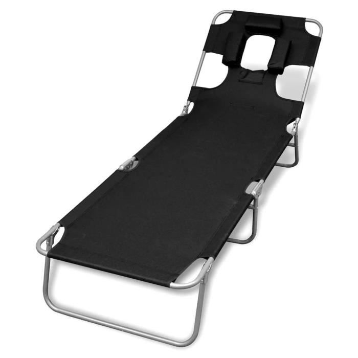 Chaise Longue de Jardin,Chaise Longue pliante,Bain de Soleil Transat avec coussin de tête Acier enduit de poudre Noir