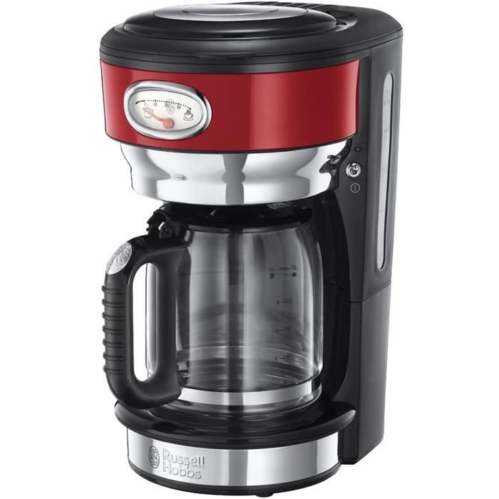 Russell Hobbs Machine à Café, Cafetière Filtre 1,25L 1000W, Rapide, Plaque Chaude, Design Vintage - Rouge 21700-56 Retro