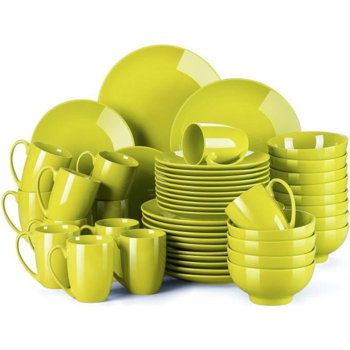 Service de Table en Porcelaine - Service Vaiselle Complet 48 Pièces pour 12 Personnes - Jaune-vert - LOVECASA Série Sweet