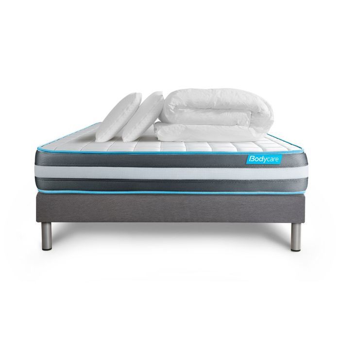 Ensemble sommier matelas 140x190 Bodyform - 20 cm - Confort Ferme + 2 oreillers + couette - sommier kit gris